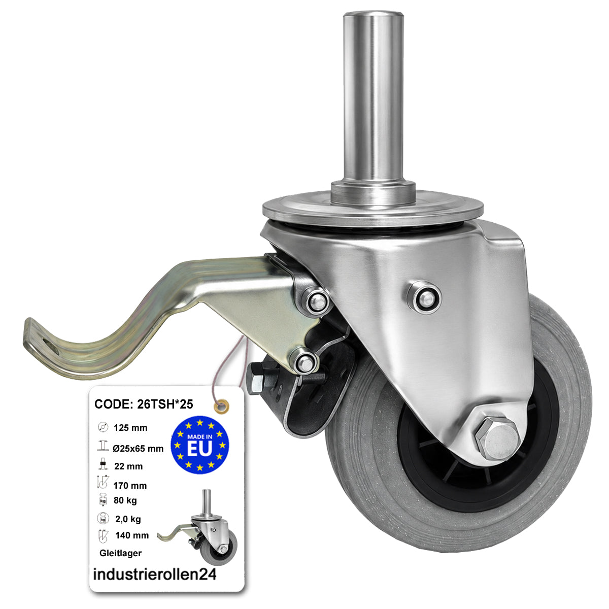 Kunststoff-Gummiräder mit Befestigungsstift und Bremse Lenkrollen  Ø125 mm Code: 26TSH*25