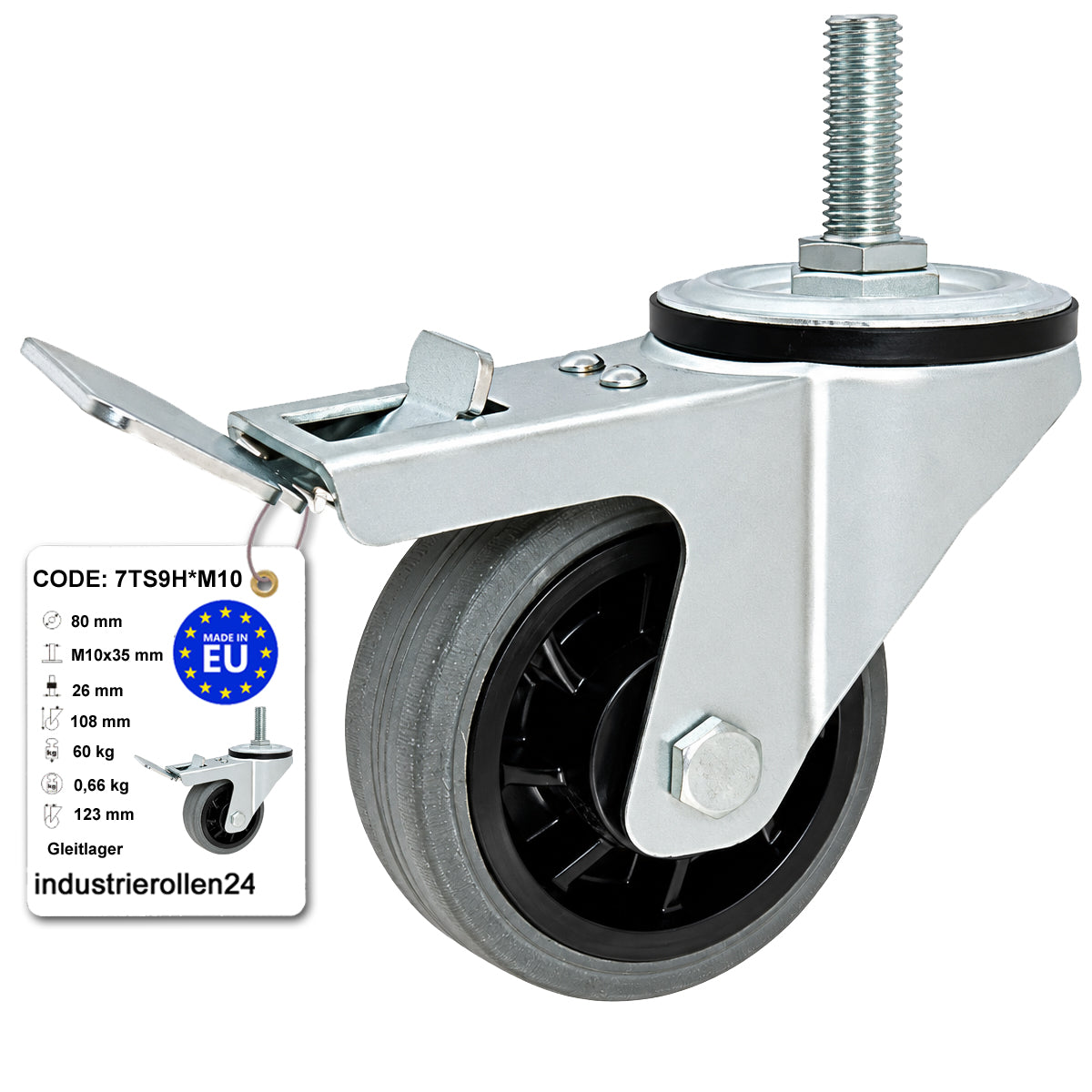Kunststoff-Gummiräder mit Befestigungsstift und Bremse Lenkrollen  Ø80 mm Code: 7TS9H*M10