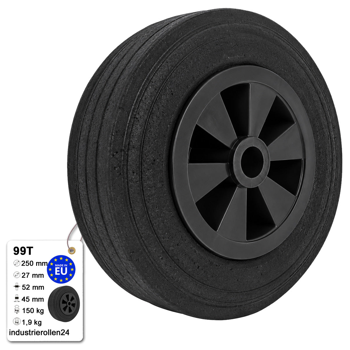 Vollgummi Rad Ø 250 mm mit Polypropylen-Felge Industrie Gummirad Code: 99T