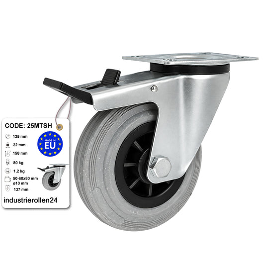 Kunststoff-Gummirrad mit Anschraubplatte und Bremse Lenkrolle Ø125 mm Code: 25MTSH