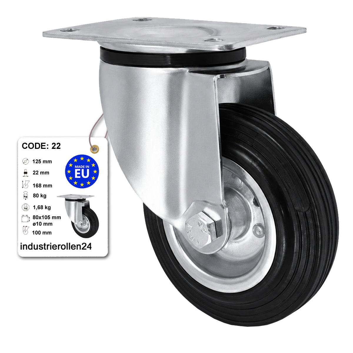 Metall-Gummiräder mit Befestigungsplatte Lenkrolle Ø125 mm mit Platte Code: 22