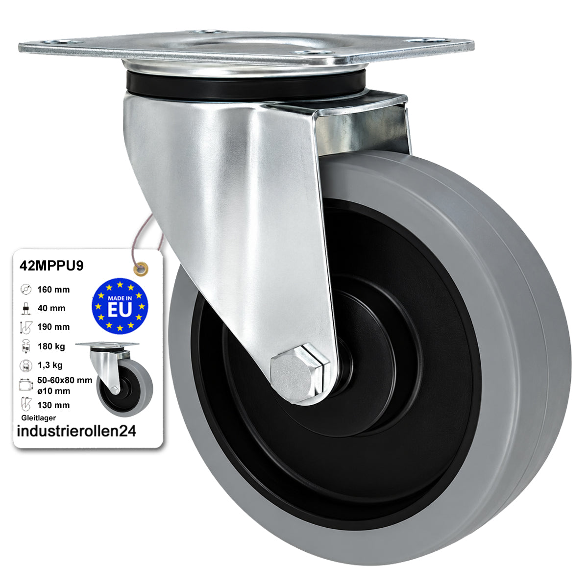 Polypropylen-Polyurethan-Rad  mit schwenkbarem Gehäuse für Transportwagen und Industrieanwendungen Ø160 mm Code: 42MPPU9