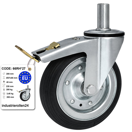 Metall-Gummiräder mit Befestigungsstift und Bremse Lenkrollen  Ø200 mm Code: 66RH*27