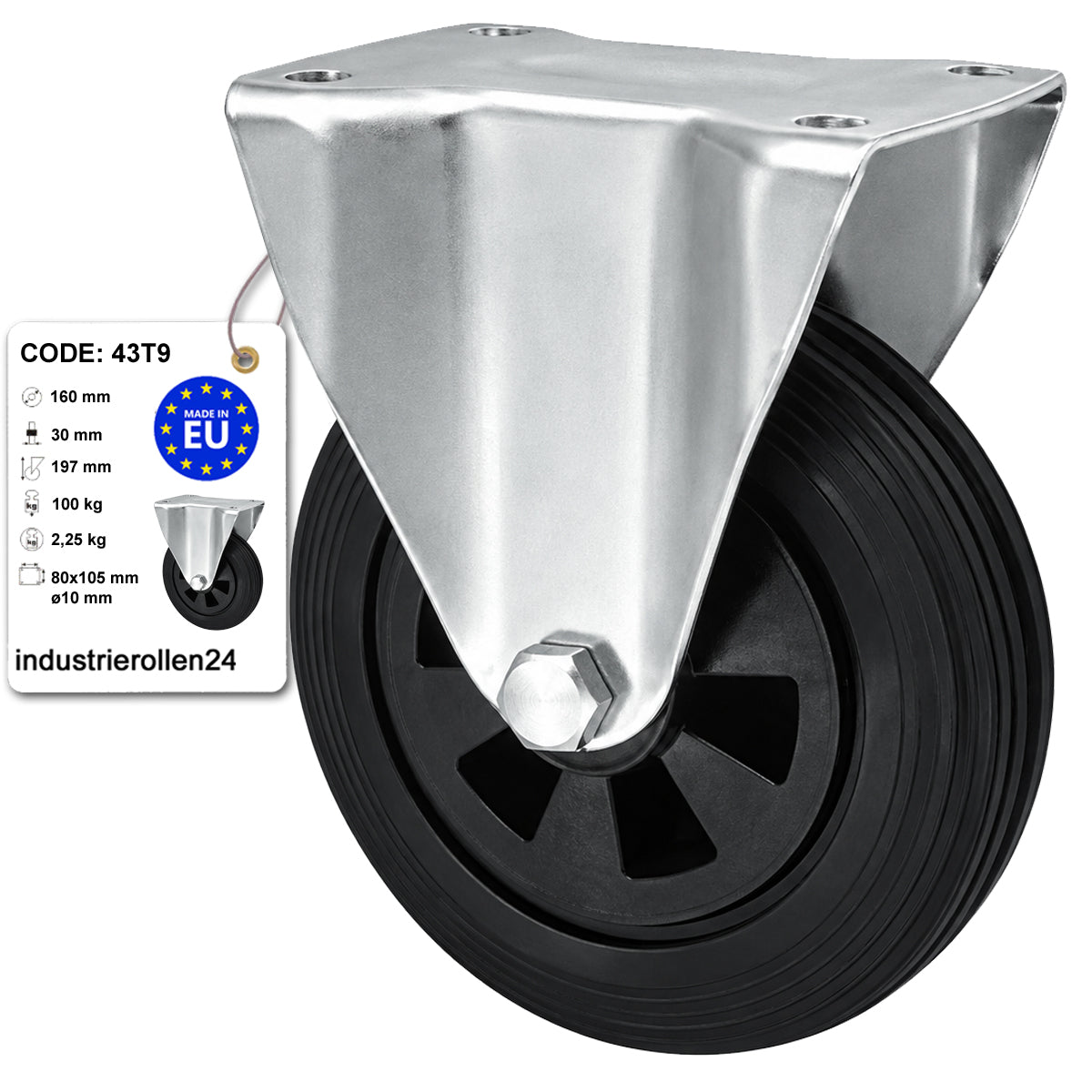 Kunststoff-Gummiräder in Bockrollengehäusen Lenkrolle Ø160 mm mit Platte Code: 43T9