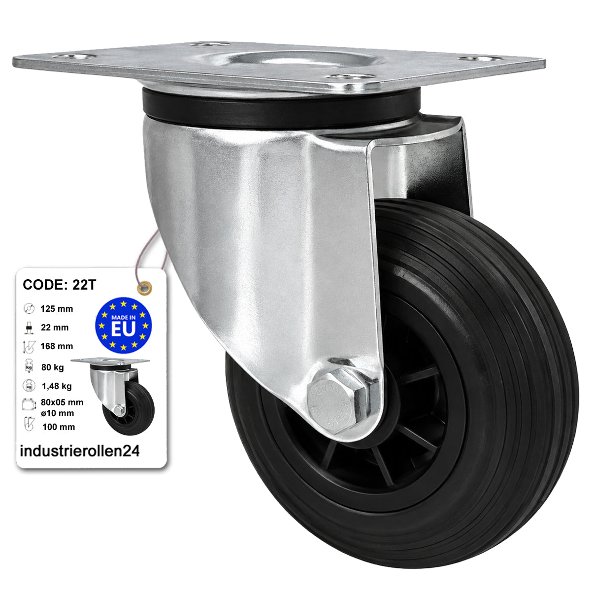 Kunststoff-Gummirrad mit Anschraubplatte Lenkrolle Ø125 mm mit Platte Code: 22T