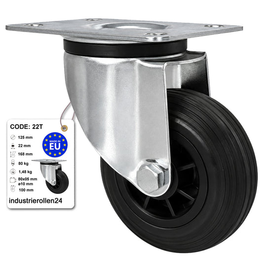Kunststoff-Gummirrad mit Anschraubplatte Lenkrolle Ø125 mm mit Platte Code: 22T
