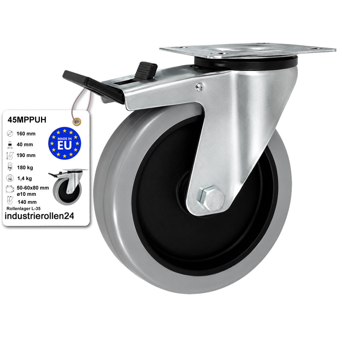 Polypropylen-Polyurethan-Rad mit schwenkbarem Gehäuse und Bremse für Transportwagen und Industrieanwendungen Ø160 mm Code: 45MPPUH