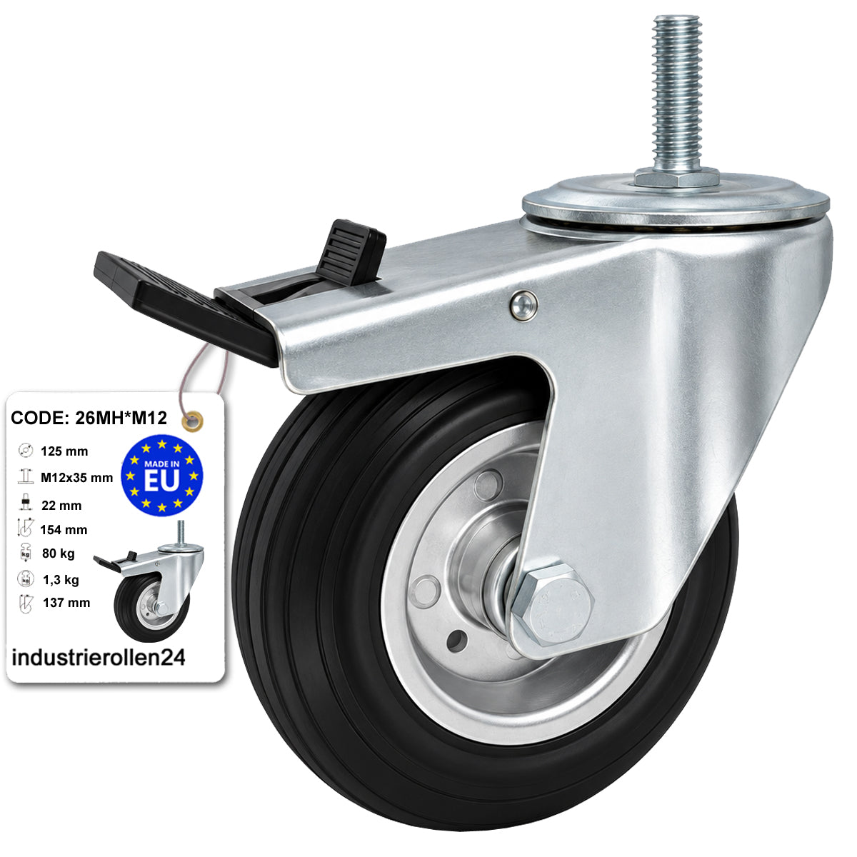 Metall-Gummiräder mit Befestigungsstift und Bremse Lenkrollen  Ø125 mm Code: 26MH*M12