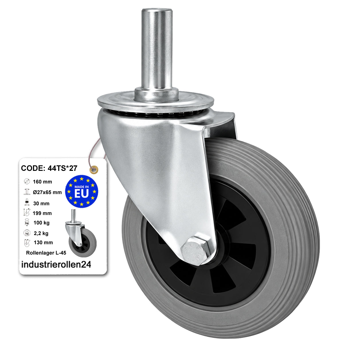 Kunststoff-Gummiräder mit Befestigungsstift Lenkrollen Ø160 mm Code: 44TS*27