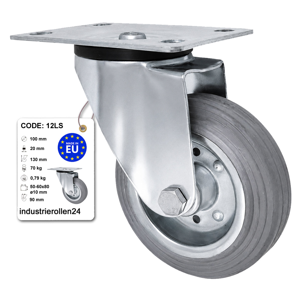 Metall-Gummiräder mit Befestigungsplatte Lenkrolle Ø100 mm mit Platte Code: 12LS