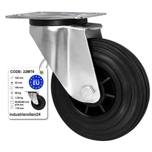 Kunststoff-Gummirrad mit Anschraubplatte Lenkrolle Ø125 mm mit Platte Code: 22MT9