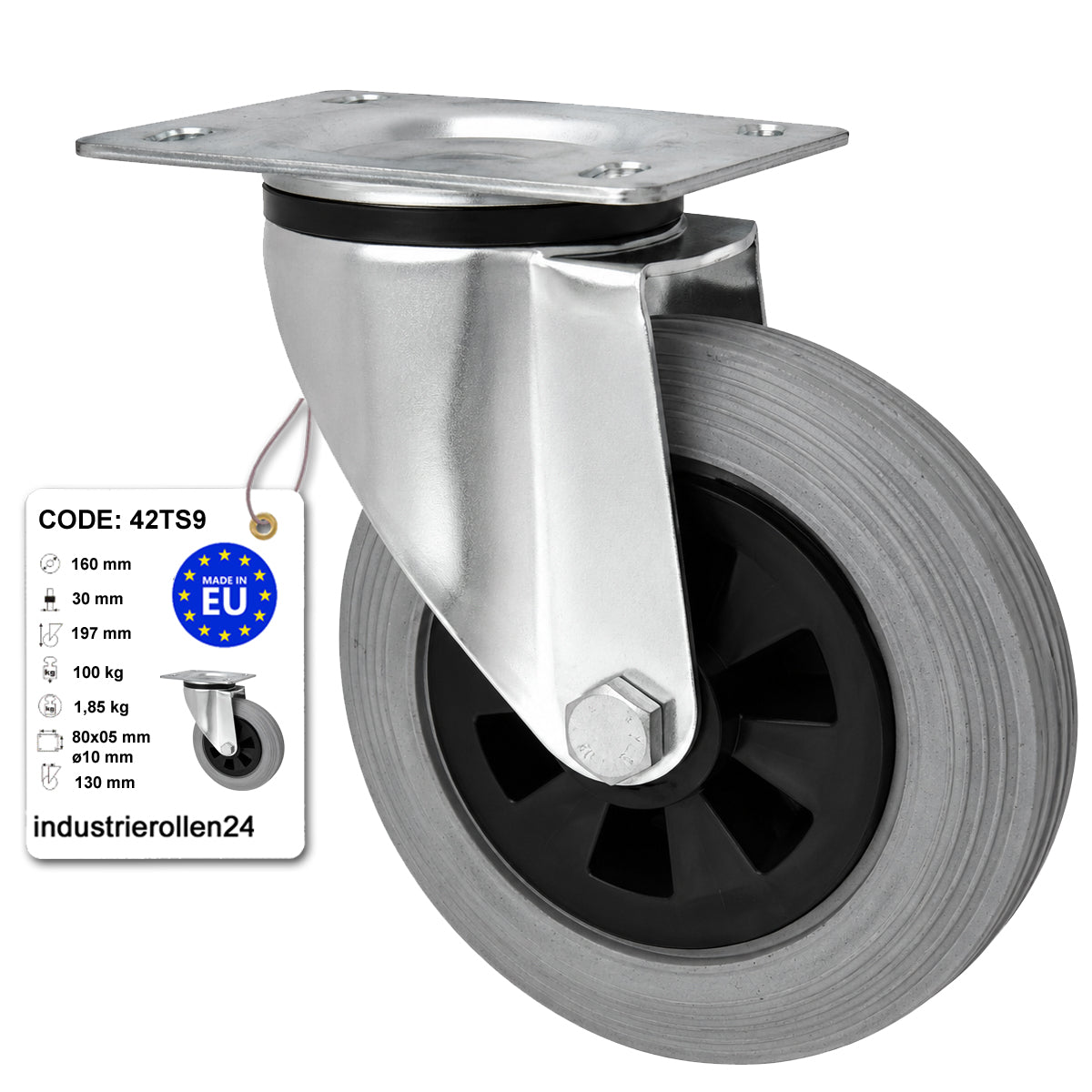 Kunststoff-Gummirrad mit Anschraubplatte Lenkrolle Ø160 mm mit Platte Code: 42TS9