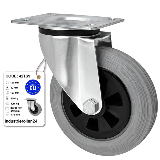 Kunststoff-Gummirrad mit Anschraubplatte Lenkrolle Ø160 mm mit Platte Code: 42TS9