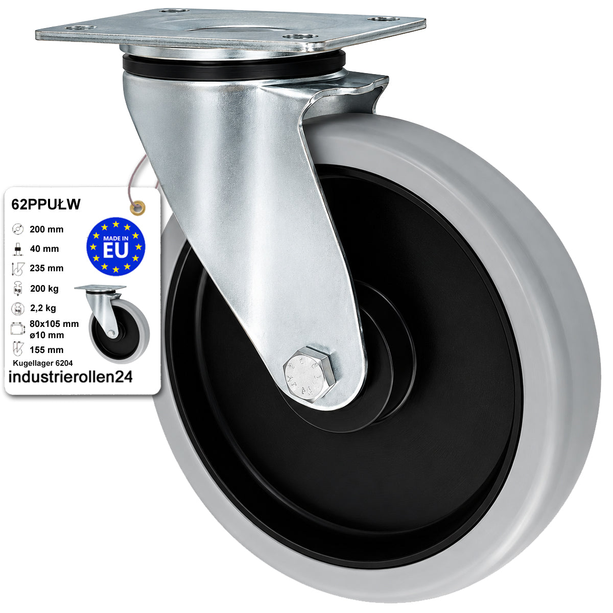 Polypropylen-Polyurethan-Rad  mit schwenkbarem Gehäuse für Transportwagen und Industrieanwendungen Ø200 mm Code: 62PPUŁW