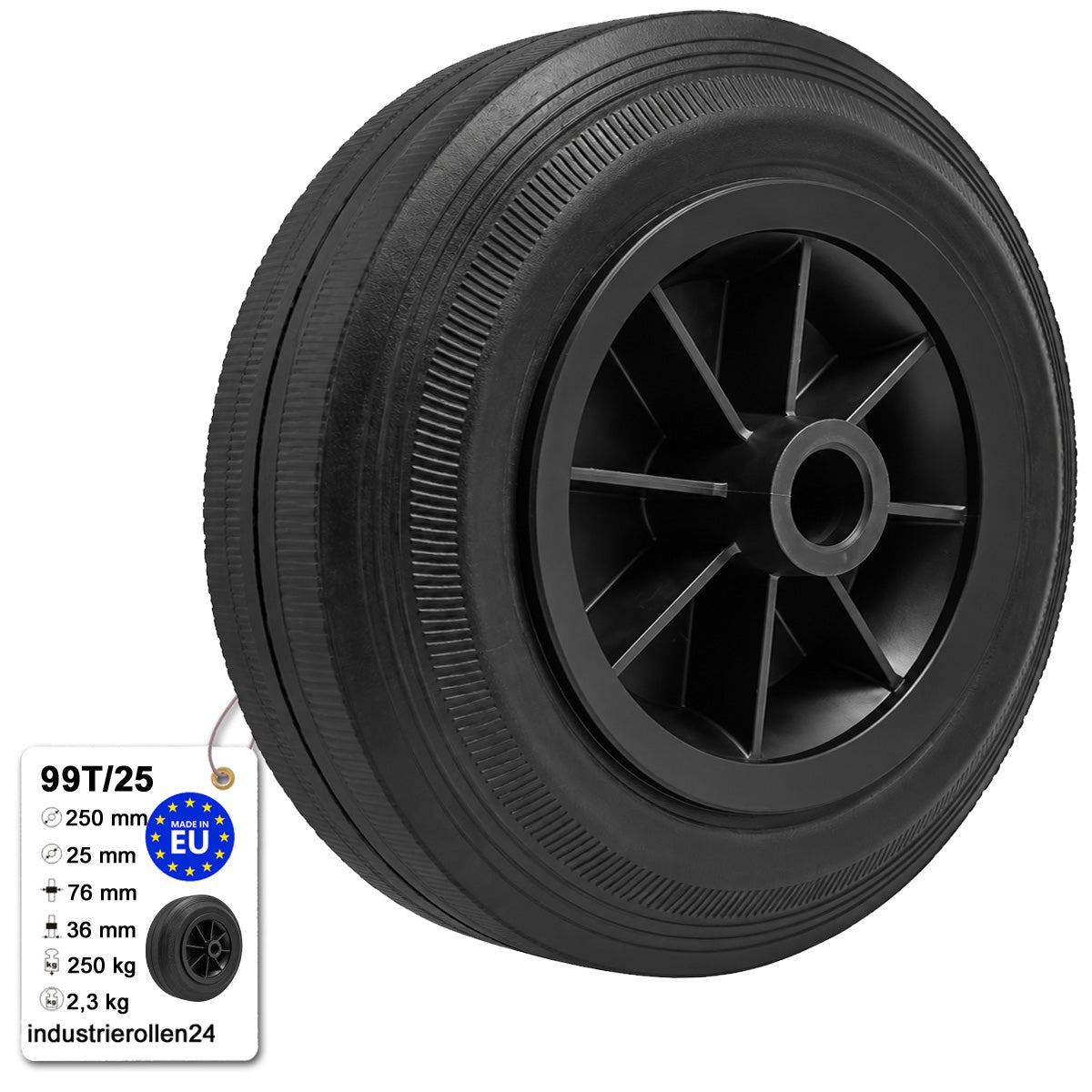 Vollgummi Rad Ø 250 mm mit Polypropylen-Felge Industrie Gummirad Code: 99T/25