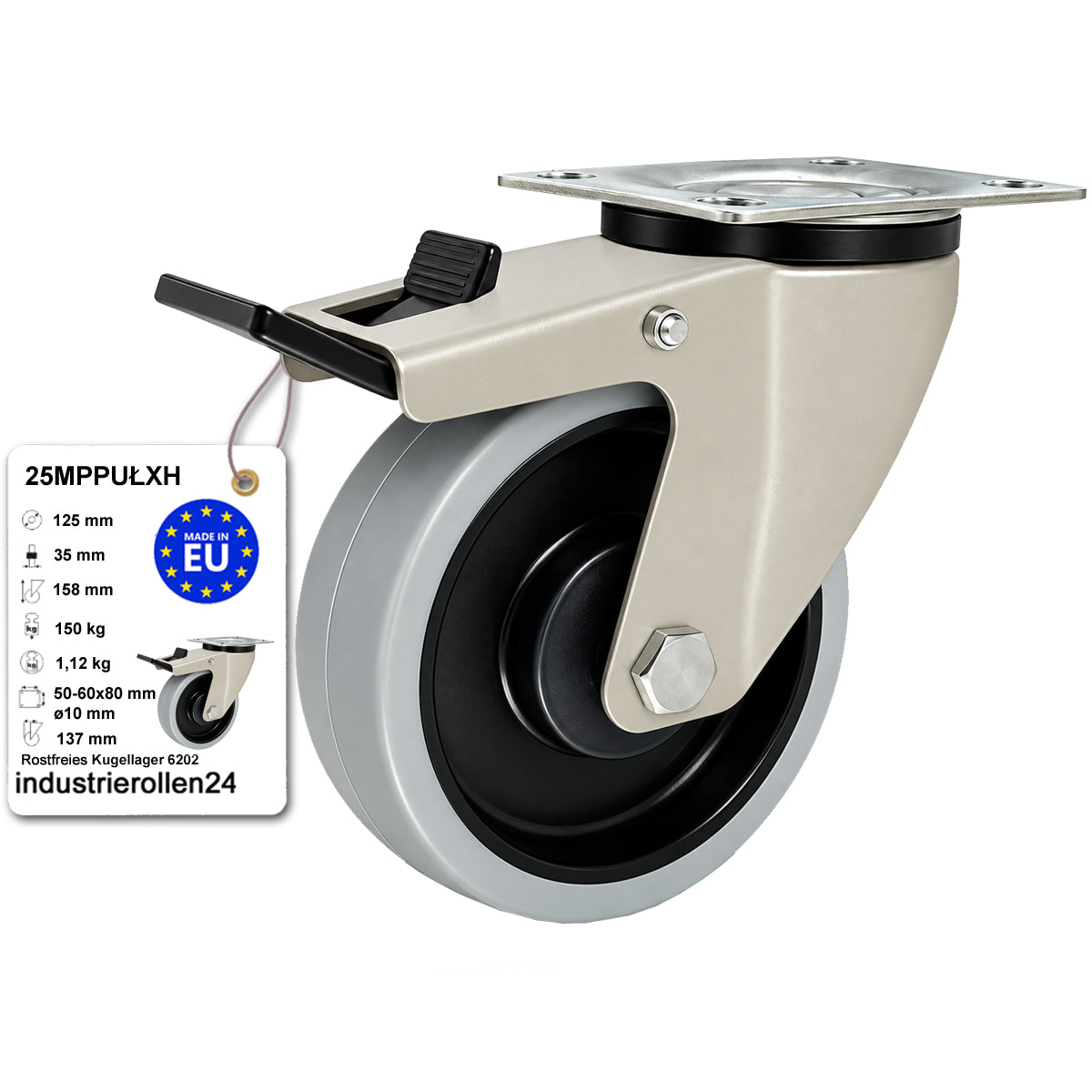 Polypropylen-Polyurethan-Rad mit schwenkbarem Gehäuse und Bremse für Transportwagen und Industrieanwendungen Ø125 mm Code: 25MPPUŁXH