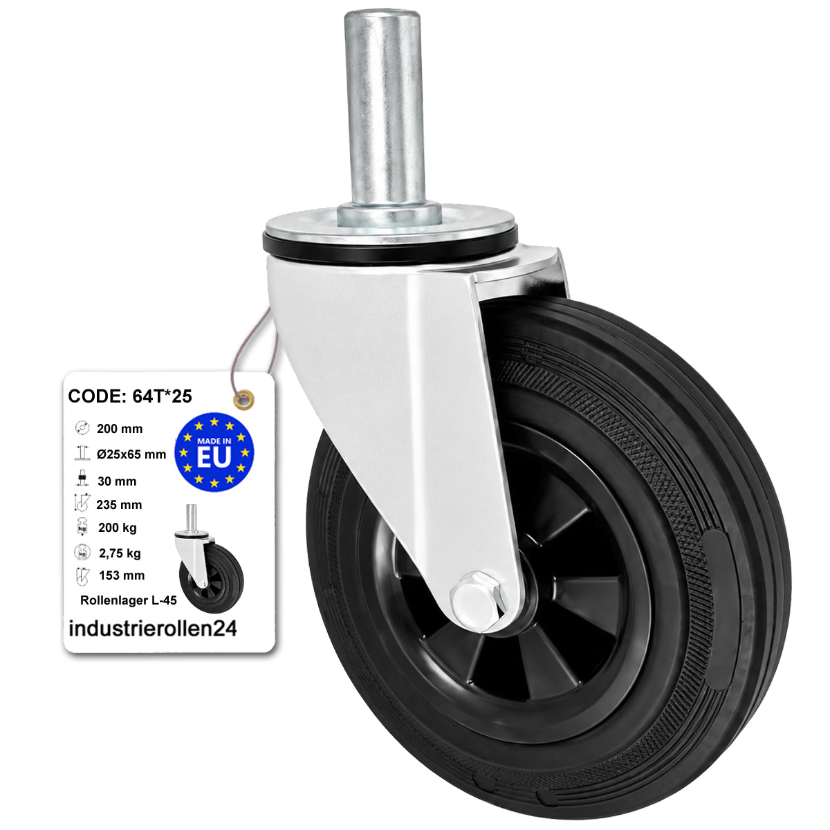 Kunststoff-Gummiräder mit Befestigungsstift Lenkrollen Ø200 mm Code: 64T*25