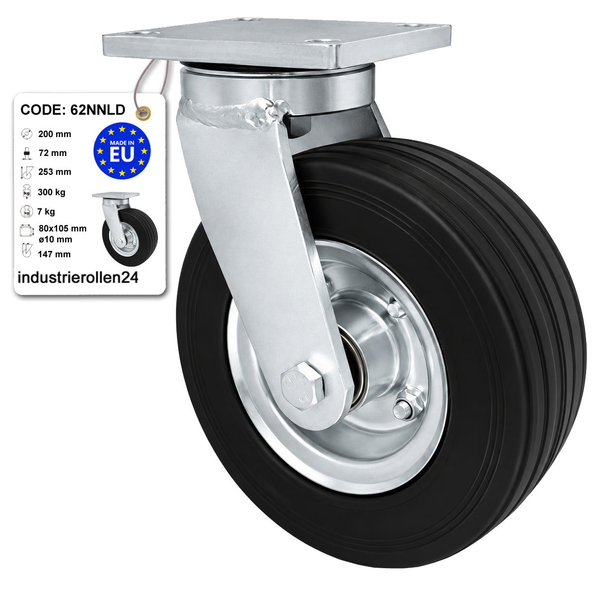 Metall-Gummiräder mit Befestigungsplatte Lenkrolle Ø200 mm mit Platte Code: 62NNLD