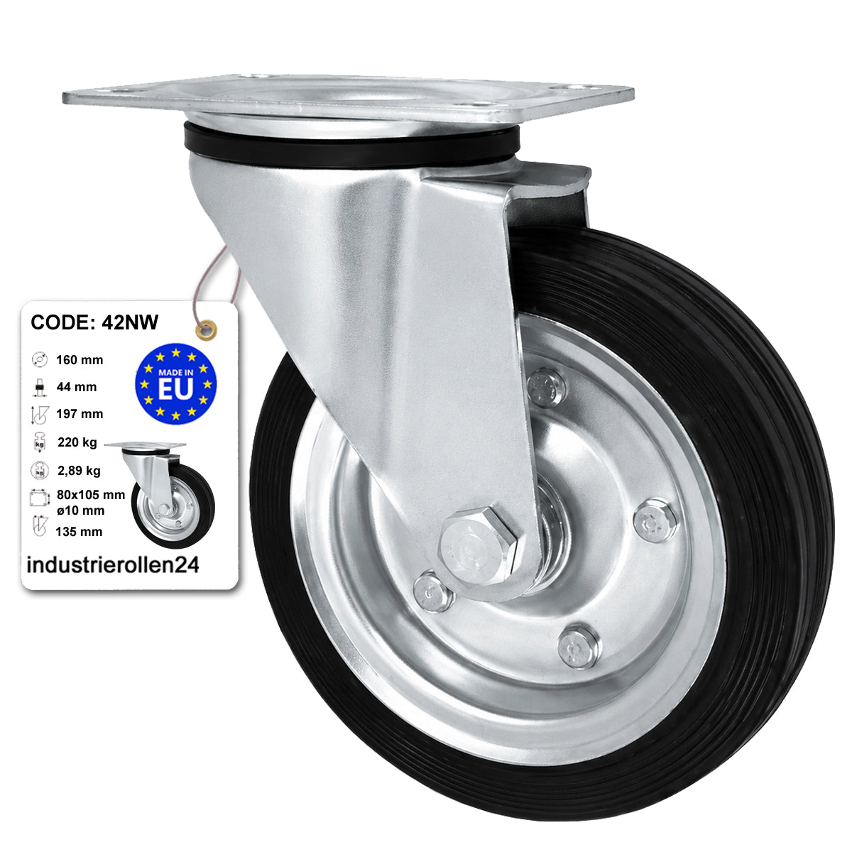 Metall-Gummiräder mit Befestigungsplatte Lenkrolle Ø160 mm mit Platte Code: 42NW