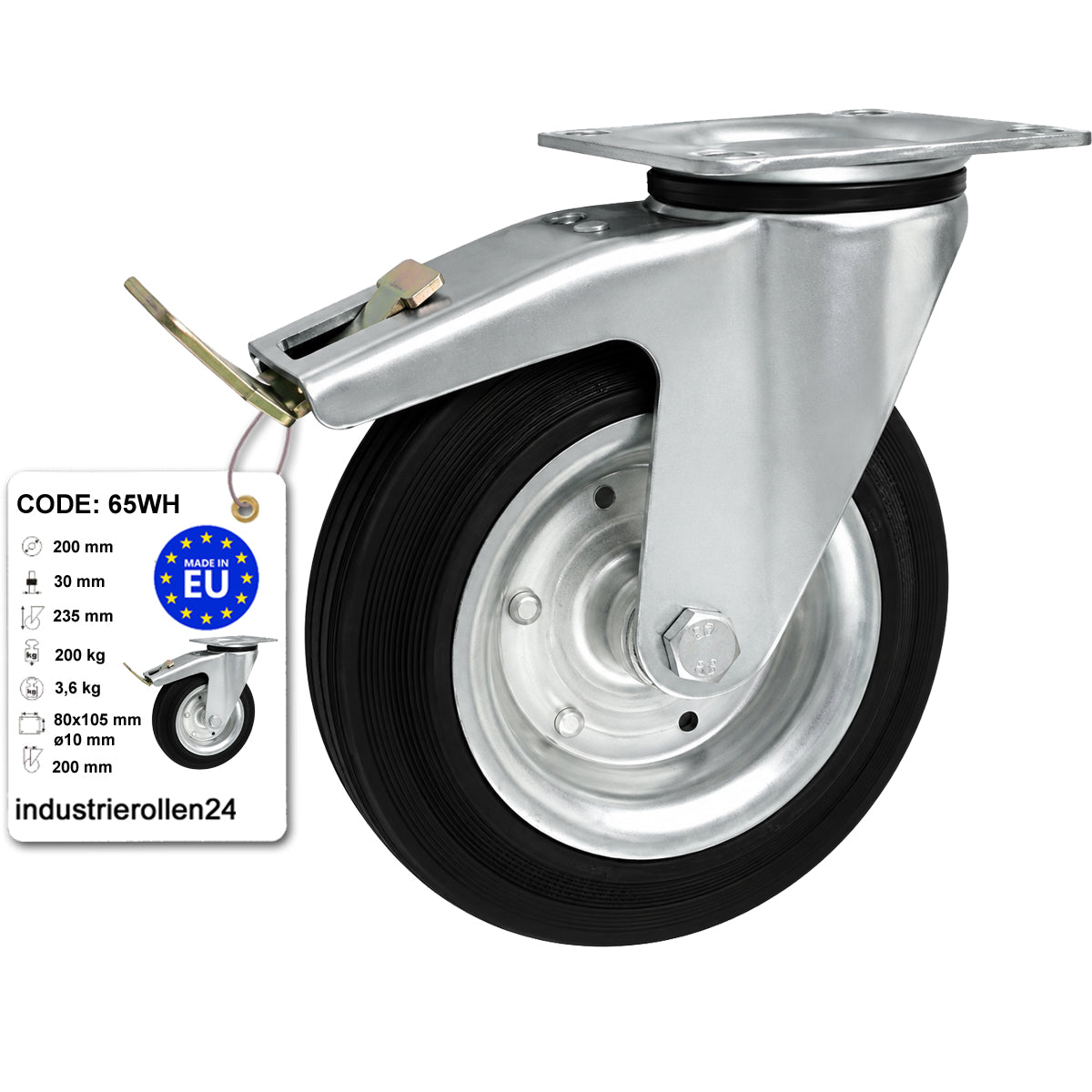 Metall-Gummiräder mit Befestigungsplatte und Bremse Lenkrolle Ø200 mm Code: 65WH