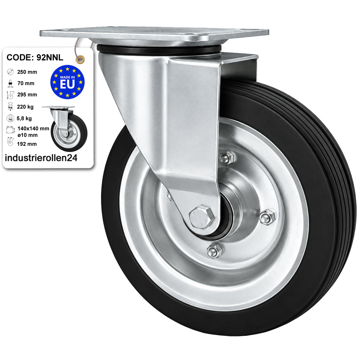 Metall-Gummiräder mit Befestigungsplatte Lenkrolle Ø250 mm mit Platte Code: 92NNL