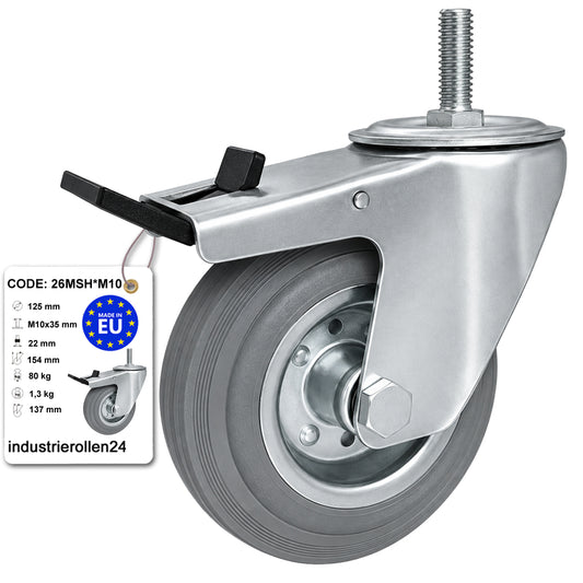 Metall-Gummiräder mit Befestigungsstift und Bremse Lenkrollen  Ø125 mm Code: 26MSH*M10