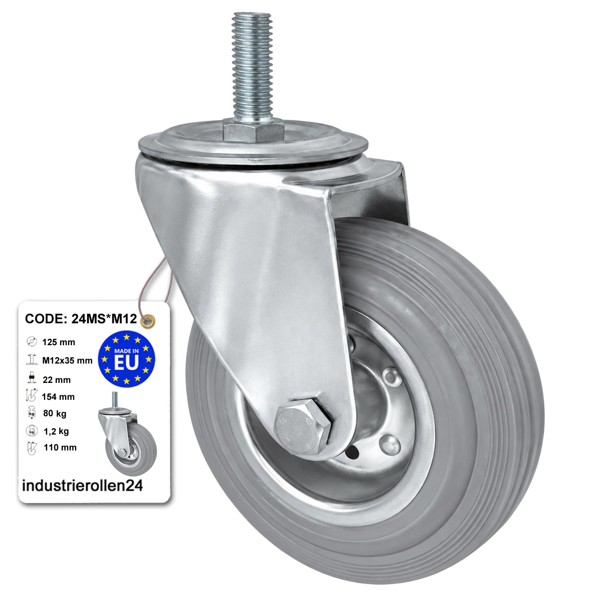 Metall-Gummiräder mit Befestigungsstift Lenkrollen Lenkrollen Ø125 mm Code: 24MS*M12