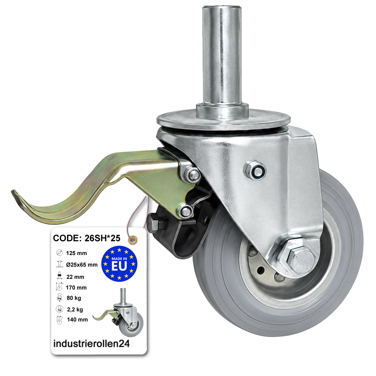 Metall-Gummiräder mit Befestigungsstift und Bremse Lenkrollen  Ø125 mm Code: 26SH*25