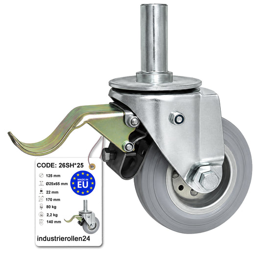 Metall-Gummiräder mit Befestigungsstift und Bremse Lenkrollen  Ø125 mm Code: 26SH*25