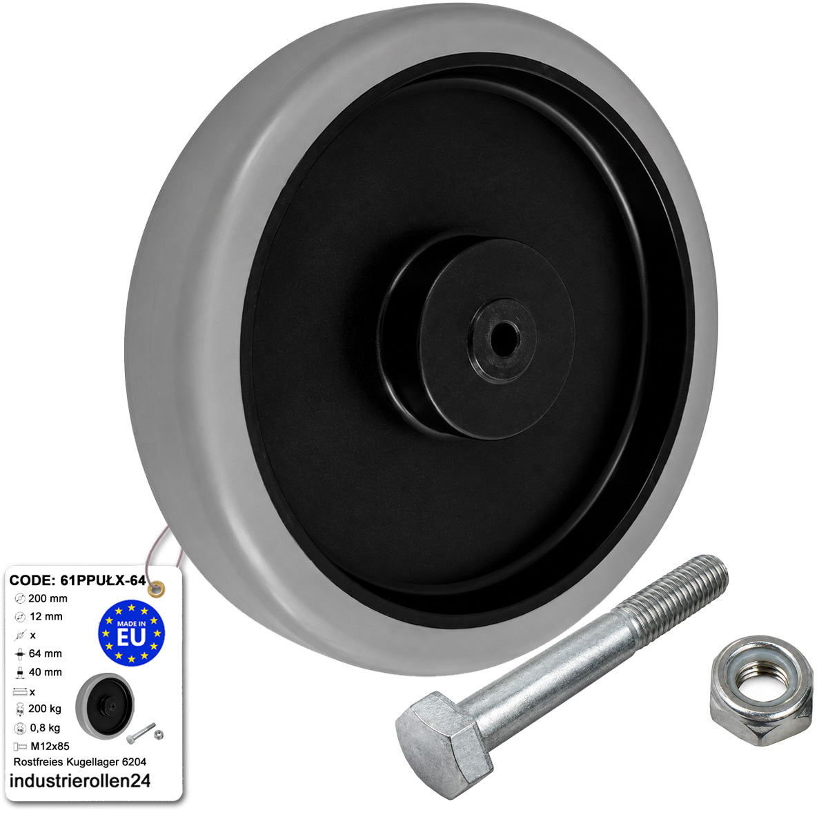 Polypropylen-Polyurethan-Rad mit Montagesatz für Transportwagen und Industrieanwendungen Ø160 mm Code: 41PPUŁX-64