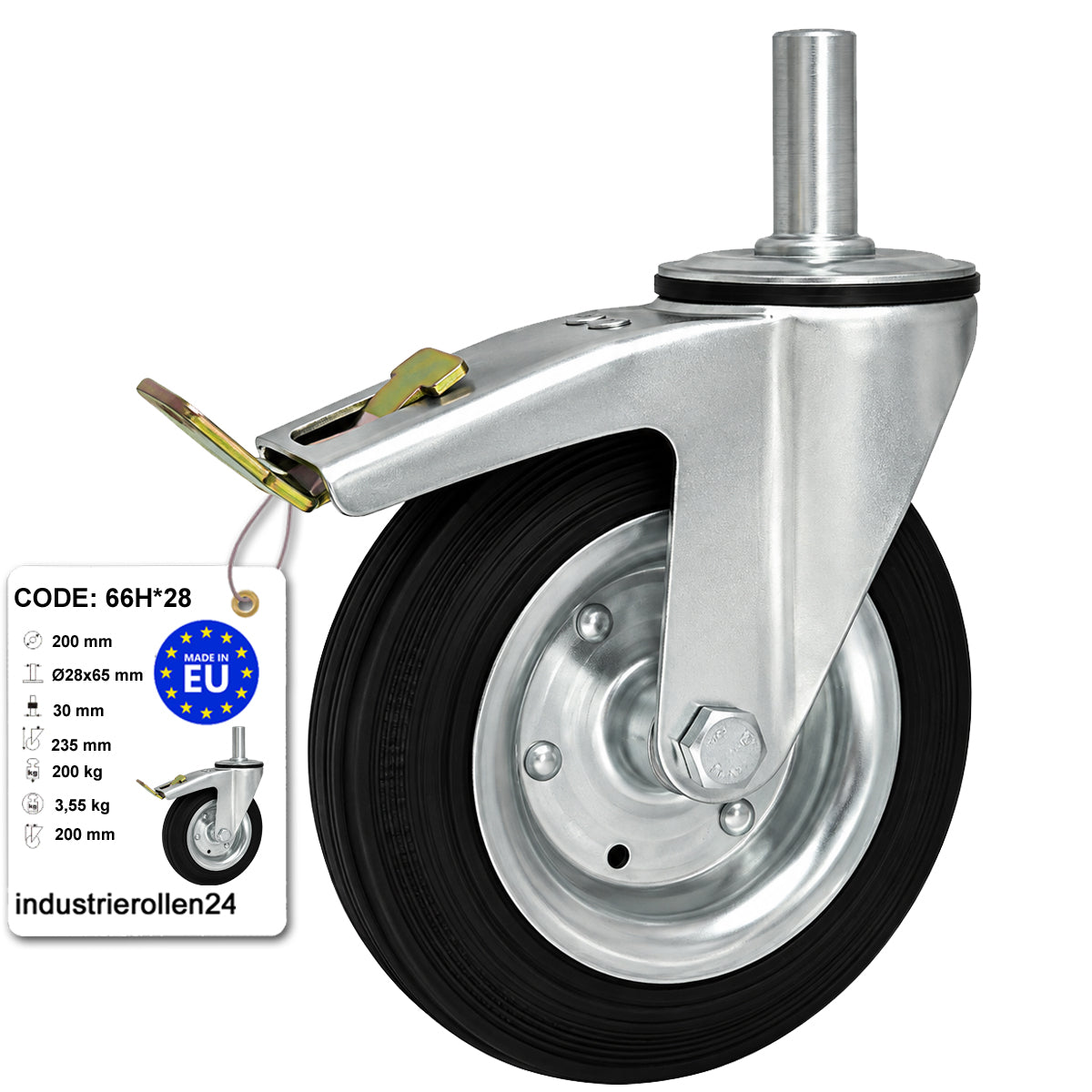 Metall-Gummiräder mit Befestigungsstift und Bremse Lenkrollen  Ø200 mm Code: 66H*28