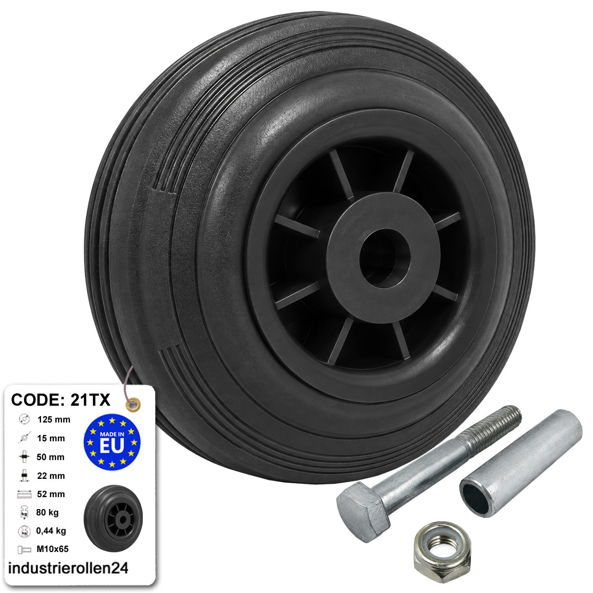 Kunststoff-Gummirrad Ø 125 mm Industrie Gummirad mit Montagesatz Code: 21TX