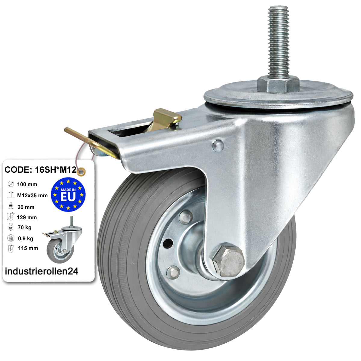 Metall-Gummiräder mit Befestigungsstift und Bremse Lenkrollen  Ø100 mm Code: 16SH*M12