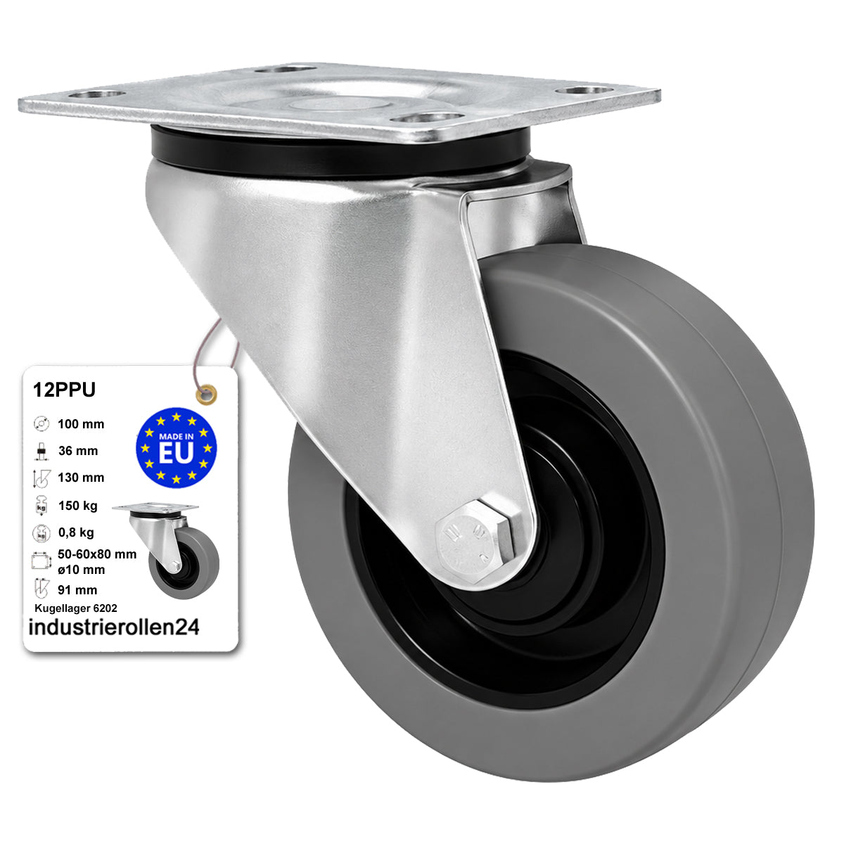 Polypropylen-Polyurethan-Rad  mit schwenkbarem Gehäuse für Transportwagen und Industrieanwendungen Ø100 mm Code: 12PPU