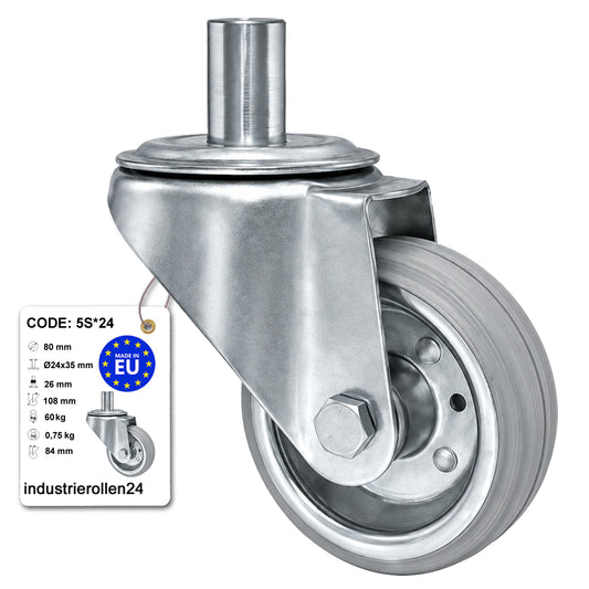 Metall-Gummiräder mit Befestigungsstift Lenkrollen Lenkrollen Ø80 mm Code: 5S*24