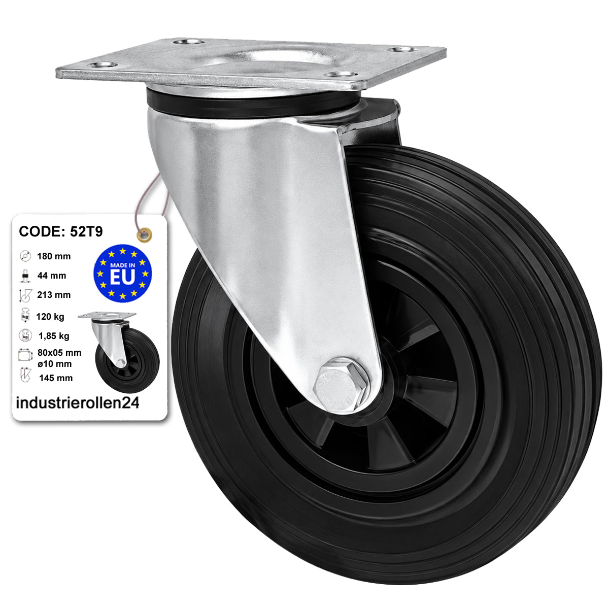 Kunststoff-Gummirrad mit Anschraubplatte Lenkrolle Ø180 mm mit Platte Code: 52T9