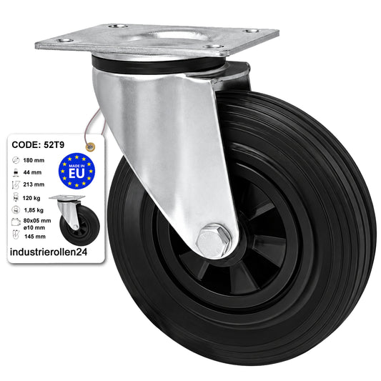 Kunststoff-Gummirrad mit Anschraubplatte Lenkrolle Ø180 mm mit Platte Code: 52T9