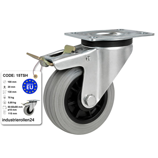 Kunststoff-Gummirrad mit Anschraubplatte und Bremse Lenkrolle Ø100 mm Code: 15TSH