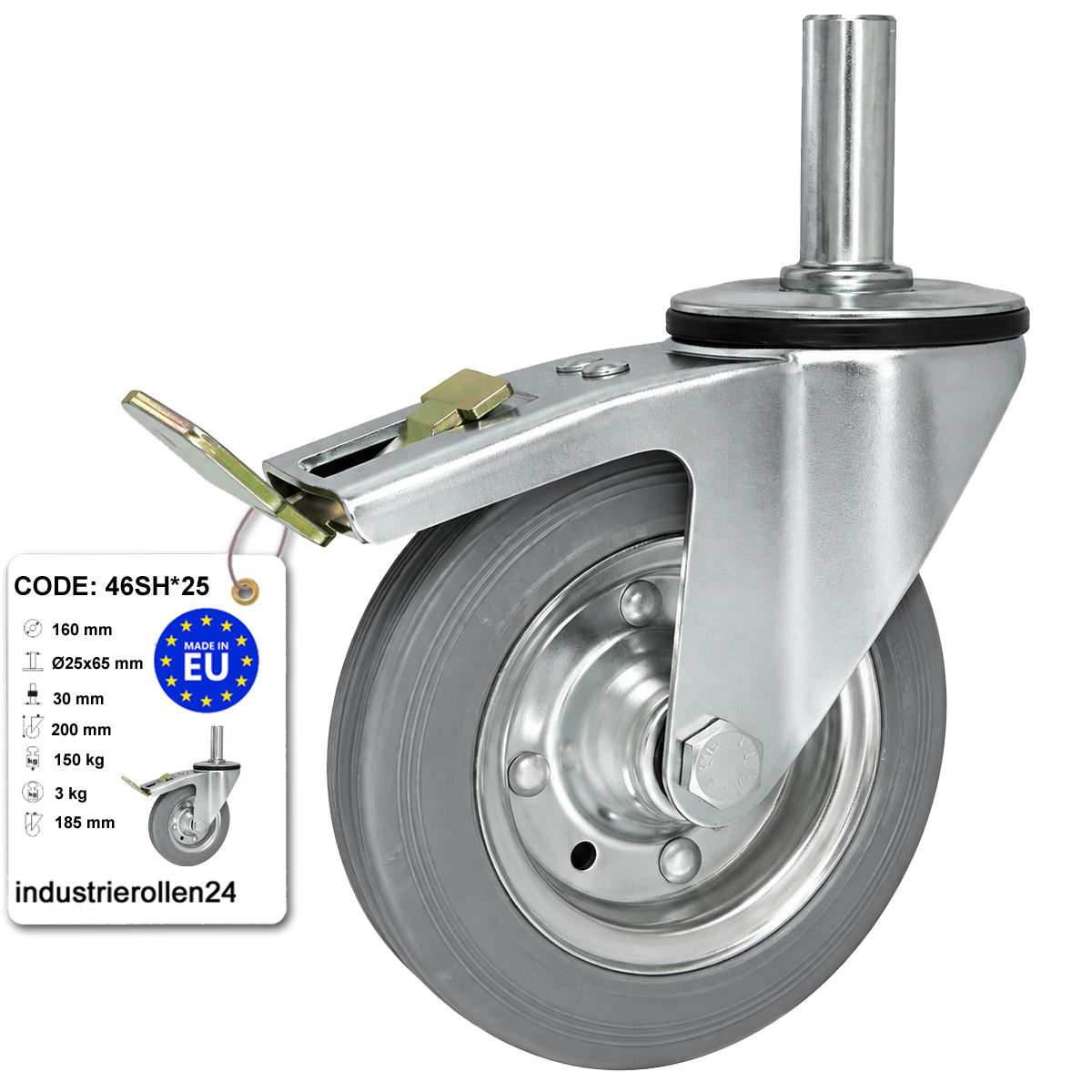 Metall-Gummiräder mit Befestigungsstift und Bremse Lenkrollen  Ø160 mm Code: 46SH*25