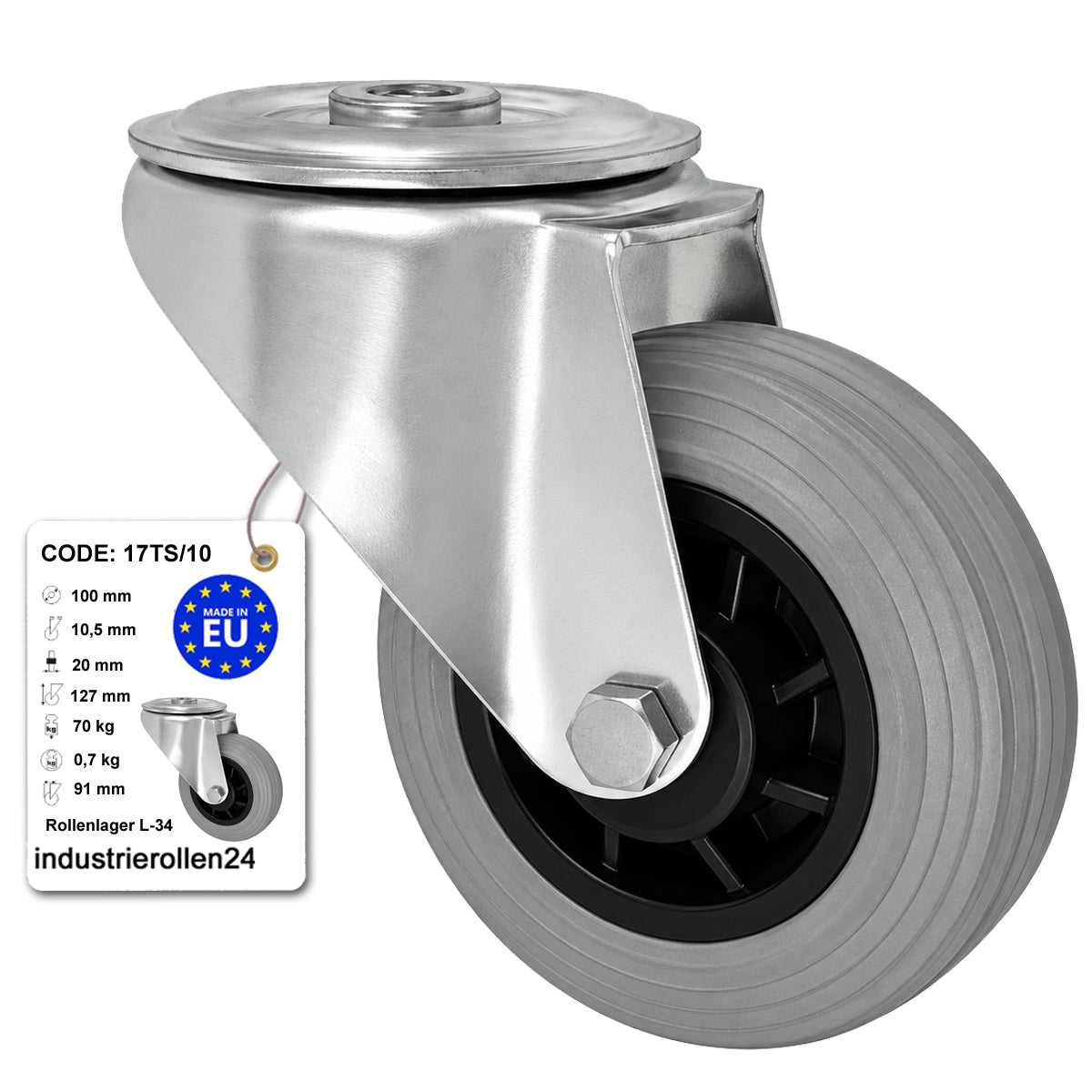 Kunststoff-Gummiräder mit Befestigungsstift mit Zentralbohrung Ø100 mm Code: 17TS/10