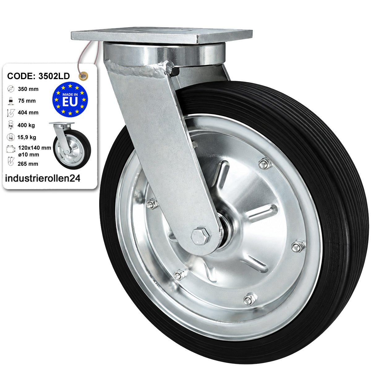 Metall-Gummiräder mit Befestigungsplatte Lenkrolle Ø350 mm mit Platte Code: 3502LD