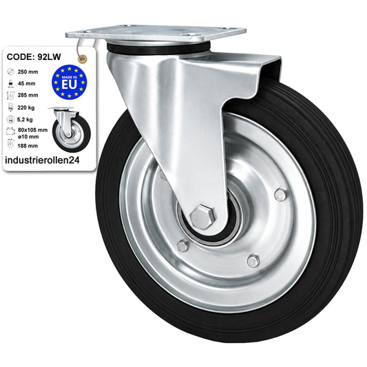 Metall-Gummiräder mit Befestigungsplatte Lenkrolle Ø250 mm mit Platte Code: 92LW