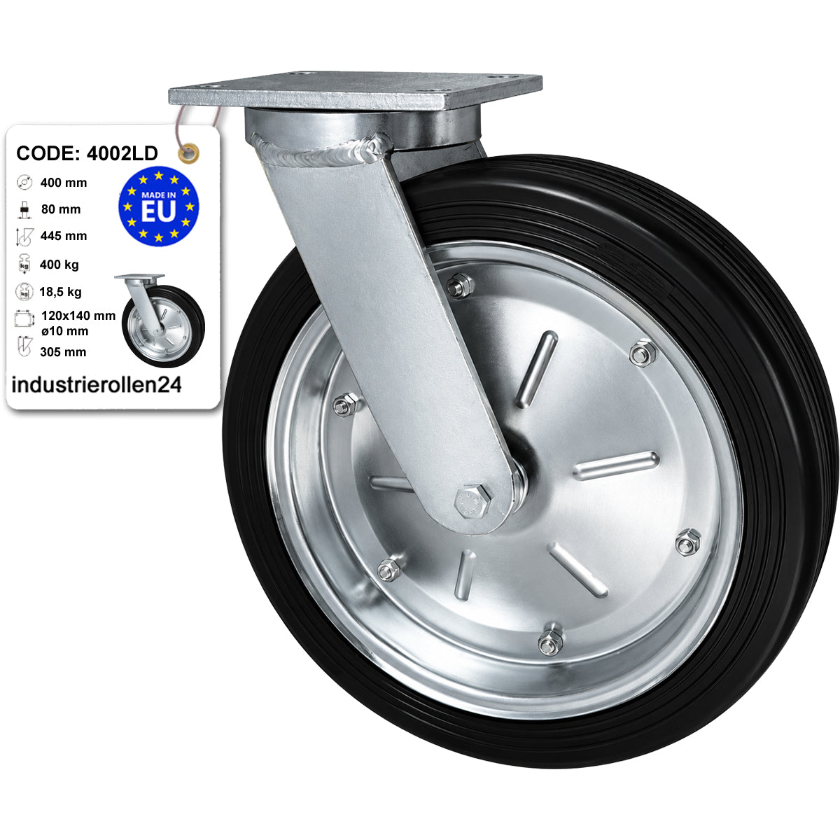 Metall-Gummiräder mit Befestigungsplatte Lenkrolle Ø400 mm mit Platte Code: 4002LD