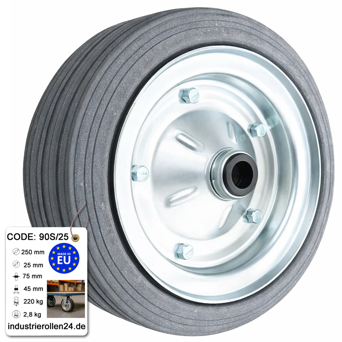 Ersatzrad Ø250 mm – Graues, nicht abfärbendes Vollgummi Industrierad für Transportwagen, Code: 90S/25