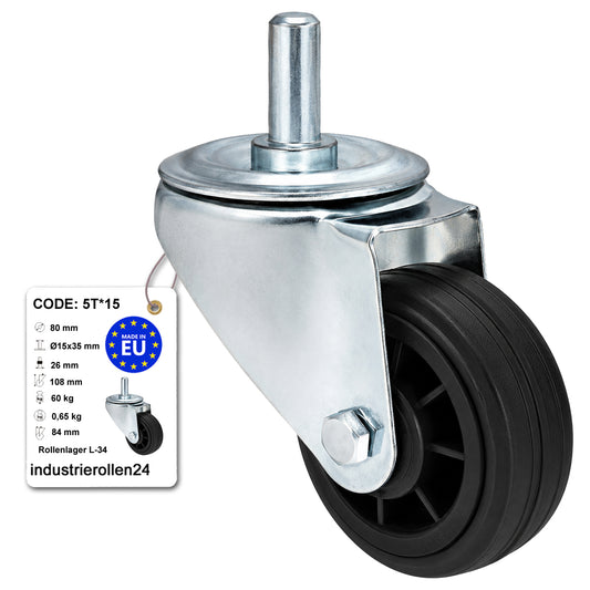 Kunststoff-Gummiräder mit Befestigungsstift Lenkrollen Ø80 mm Code: 5T*15