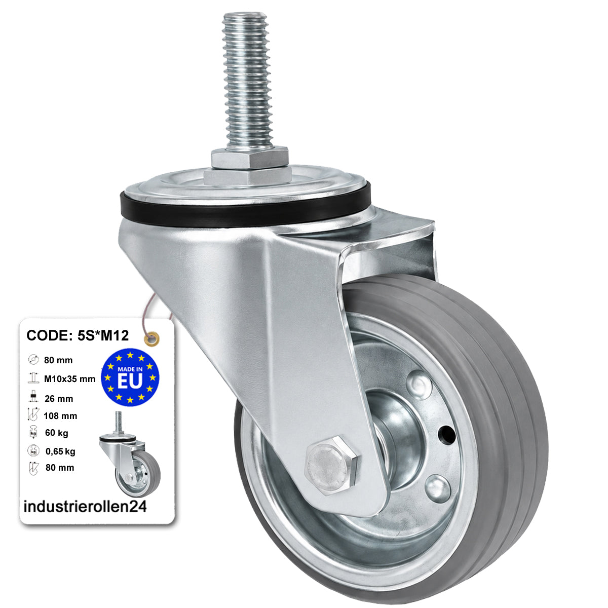 Metall-Gummiräder mit Befestigungsstift Lenkrollen Lenkrollen Ø80 mm Code: 5S*M12