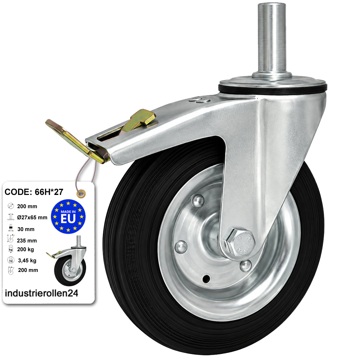 Metall-Gummiräder mit Befestigungsstift und Bremse Lenkrollen  Ø200 mm Code: 66H*27