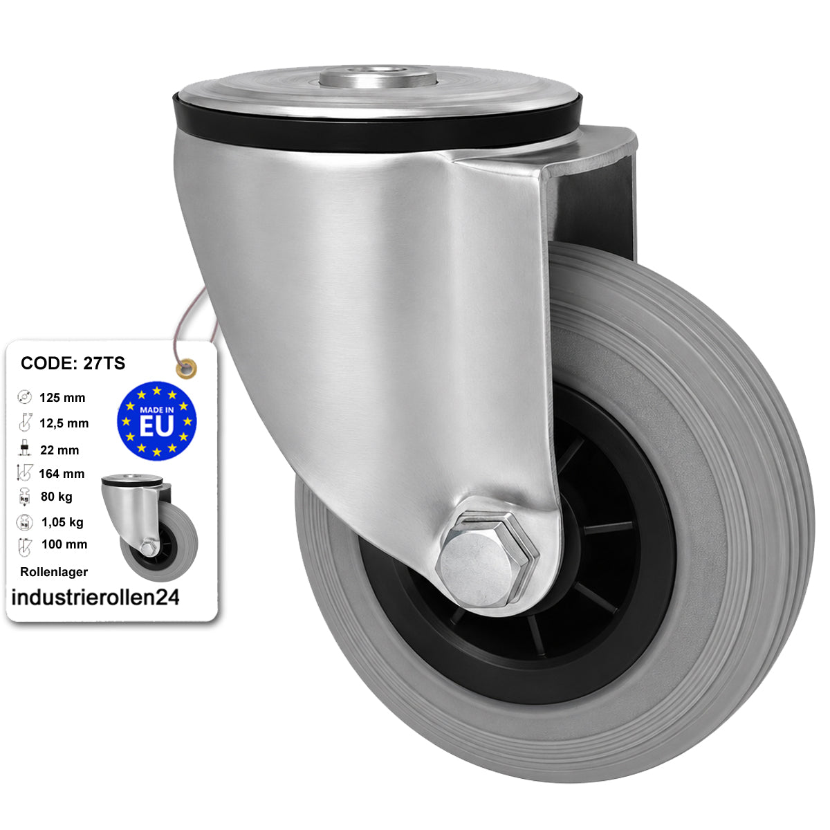 Kunststoff-Gummiräder mit Befestigungsstift mit Zentralbohrung Ø125 mm Code: 27TS