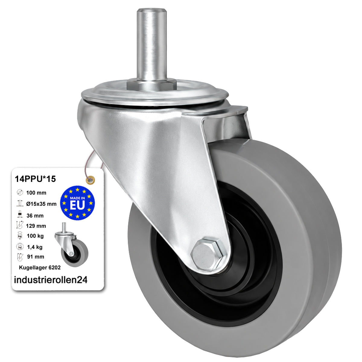 Polypropylen-Polyurethan-Lenkrollen mit Zapfen für Transportwagen und Industrie 100 mm Code: 14PPU*15