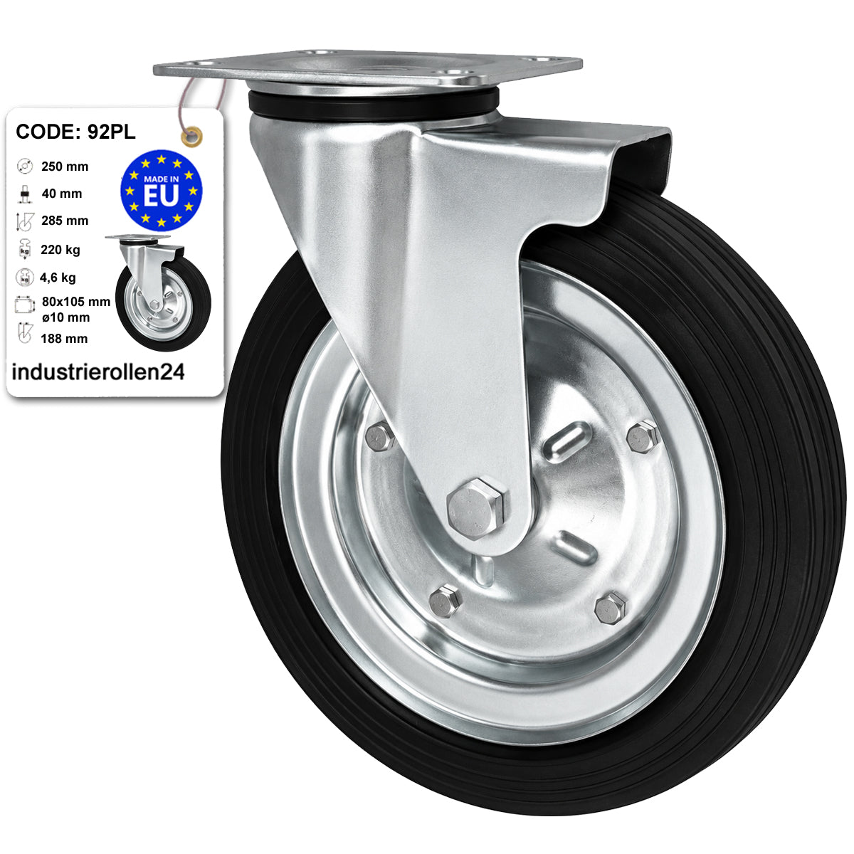 Metall-Gummiräder mit Befestigungsplatte Lenkrolle Ø250 mm mit Platte Code: 92PL